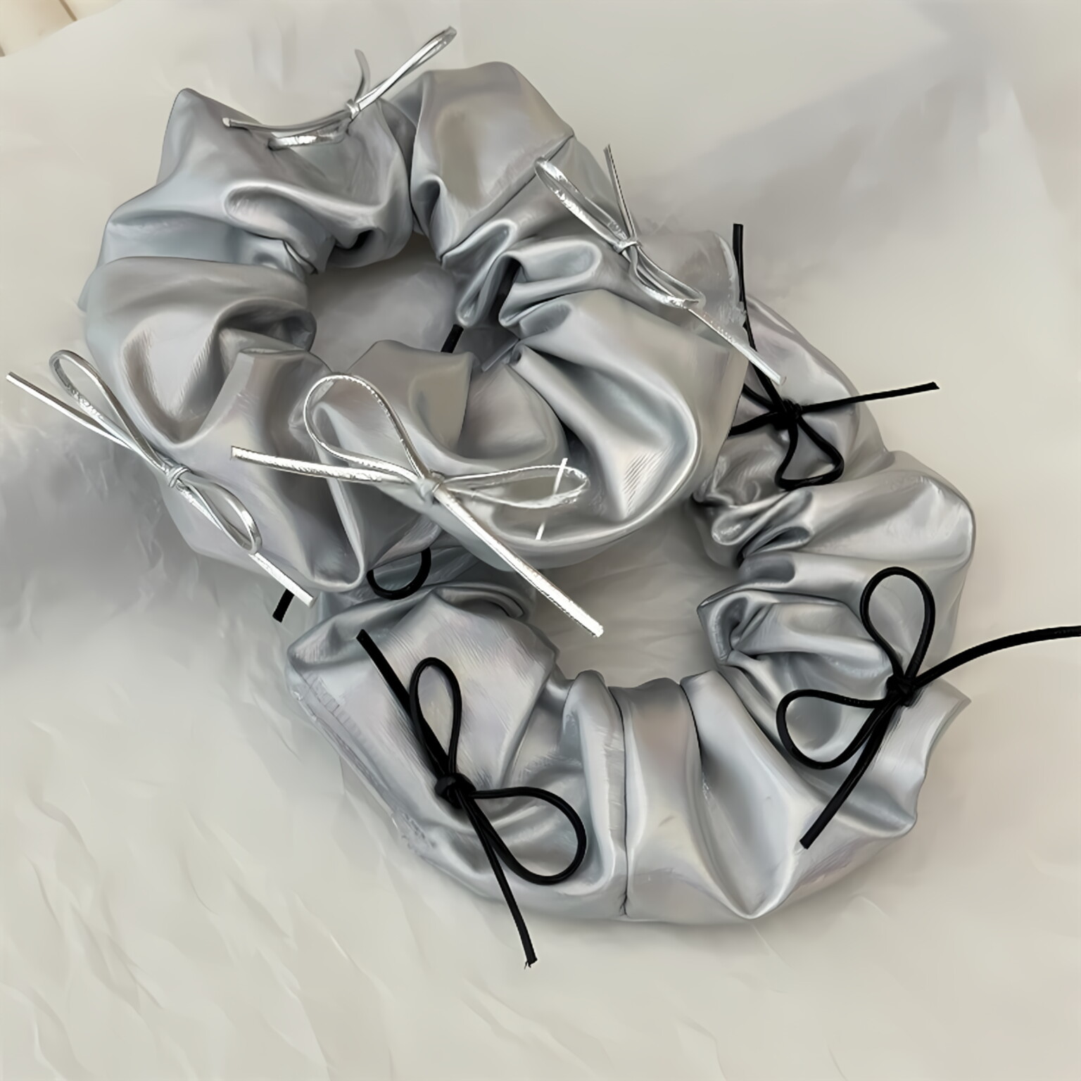 Leatherwork Pony - Silver Faux Leather Bow Oversized Scrunchies
