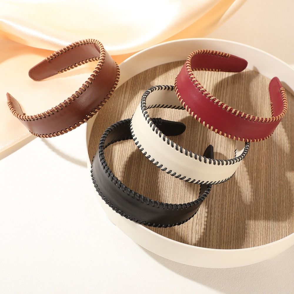 Leatherwork Pony - Temperament Solid Color Leather Headband Korean